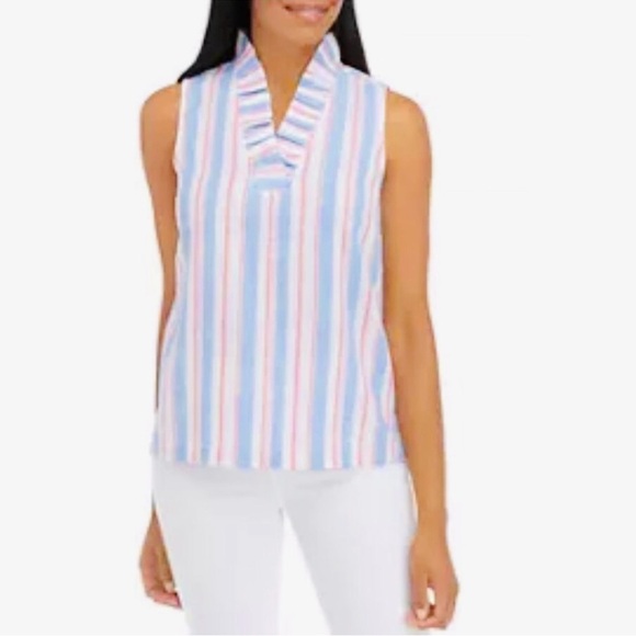 Crown And Ivy Linen Blend Striped Sleeveless Blouse Womens Petite Medium - Picture 1 of 6